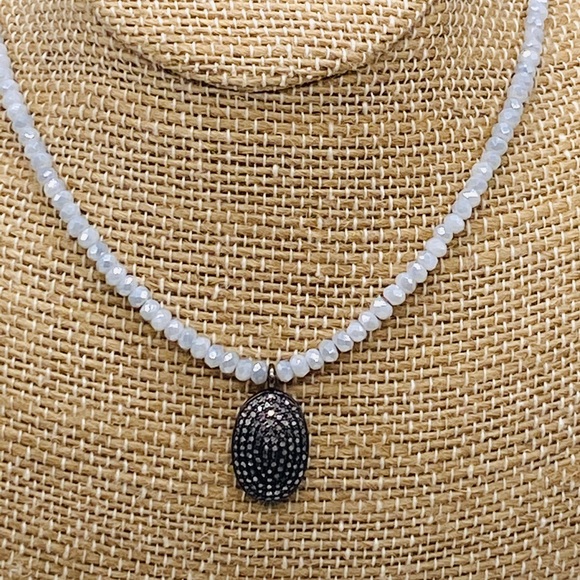 Pave Oval Light Blue Beaded Quartz Necklace 16" - Picture 4 of 6